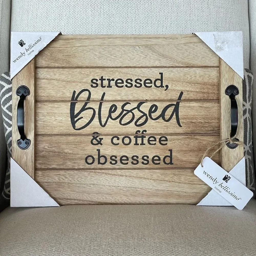 NWT Wendy Bellisimo 16”x11” Wood Noodle Board Stressed Blessed  Coffee Obsessed